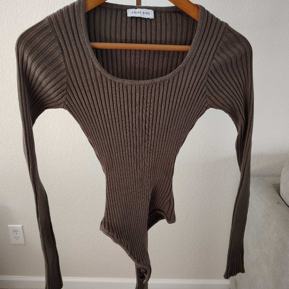 Anine Bing Felicity Ribbed Knit Bodysuit in Olive Small